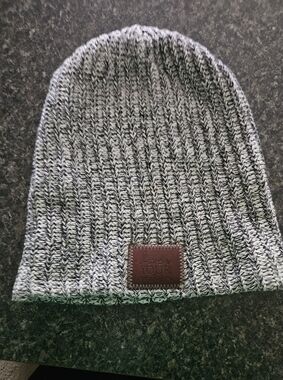 Love Your Melon Gray Marled Knit Beanie with Brown Leather Patch